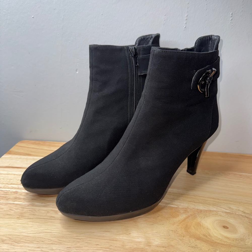 Stuart Weitzman Black Stretch Fabric Ankle Boots Buckle Detail Size 8.5 M Spain